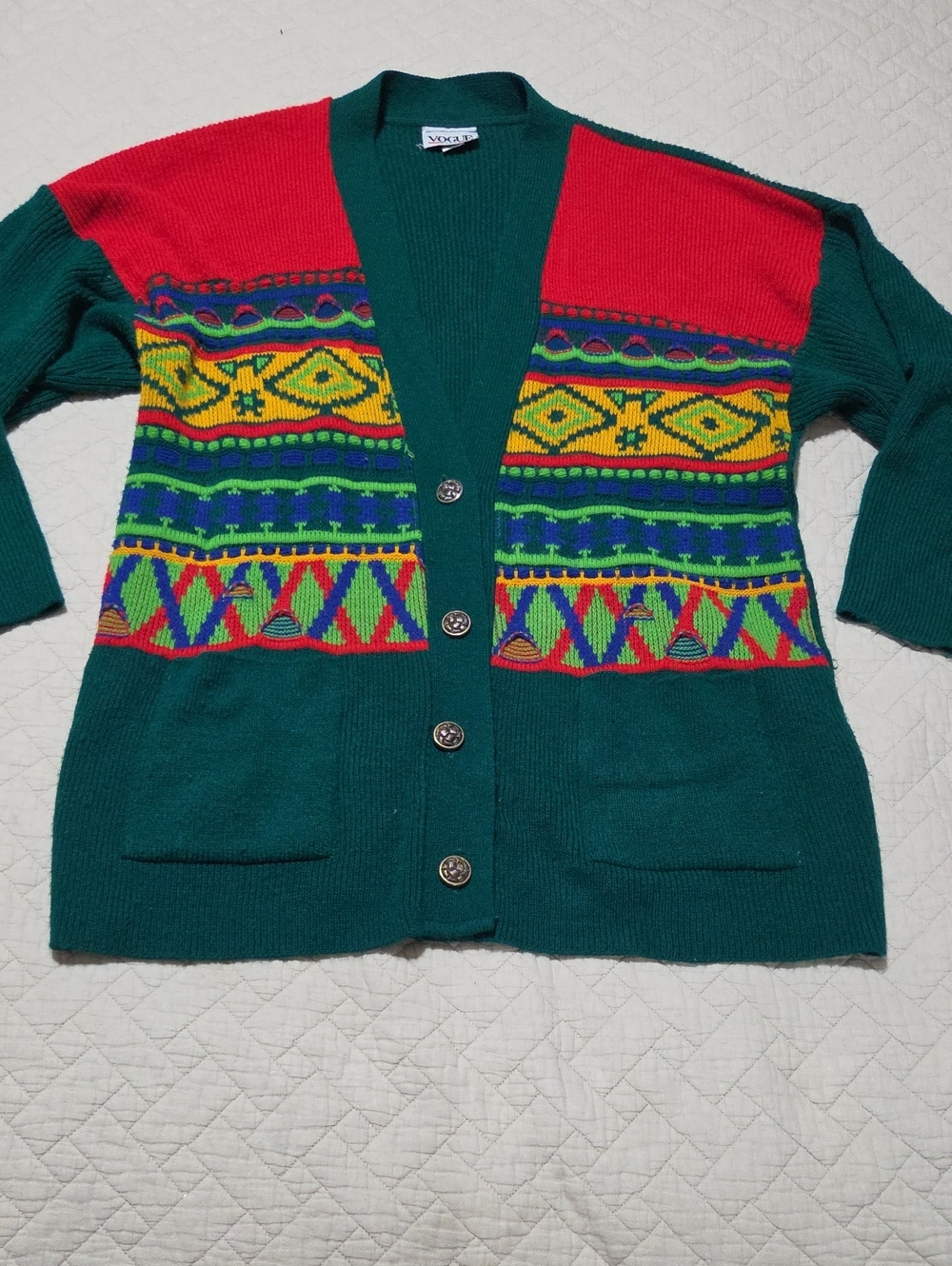 Vogue Vintage Green Multicolor Patterned Button-Front Cardigan